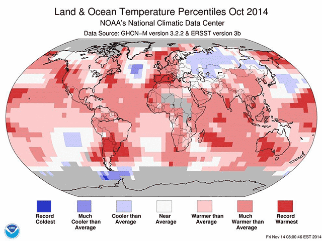 October 2014 blended land and sea surface temperature percentiles. Many global areas were either much warmer than average or record warmest. (Graphic courtesy of NOAA)